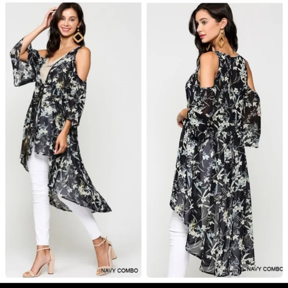 🔥$5🔥BLUE FLORAL PRINTED COLDSHOULDER  KIMONO- - Picture 2 of 6